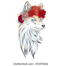 Fox in a flower wreath . Vector illustration for greeting card, poster, or print on clothes.
