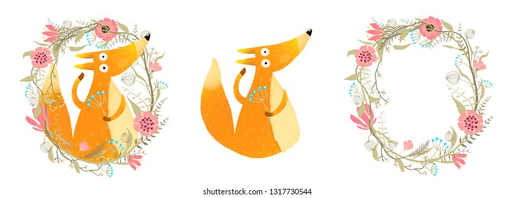 Fox And Flowers Cartoon. Fox And Floral Wreath Isolated Items Set.