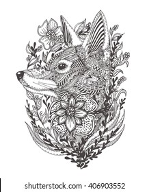 Fox in flowers. Hand-drawn with ethnic floral doodle pattern. Coloring page - zendala, design for spiritual relaxation for adults, vector illustration, isolated on a white background. Zen doodles.