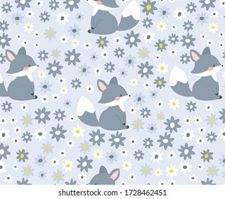 Fox and flowers repeat pattern. Nursery art background. Children's fabric pattern design.
