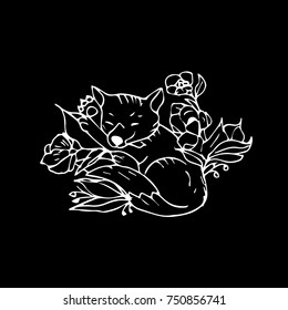 Fox with flowers vector illustration. Doodle style. Design, print, logo, decor, textile, paper.