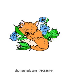 Fox with flowers vector illustration. Doodle style. Design, print, logo, decor, textile, paper.
