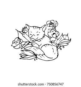 Fox with flowers vector illustration. Doodle style. Design, print, logo, decor, textile, paper.