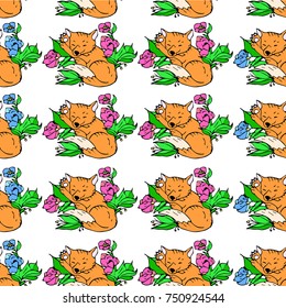 Fox with flowers vector illustration. Doodle style. Design, print, logo, decor, textile, paper.