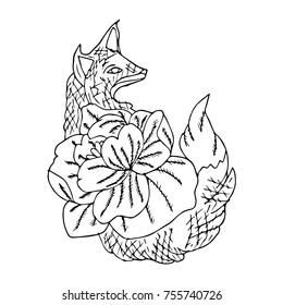 Fox with flowers vector illustration. Doodle style. Design, print, logo, decor, textile, paper