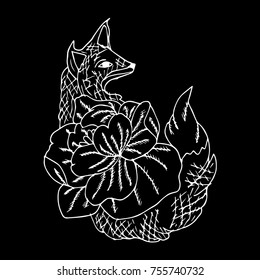 Fox with flowers vector illustration. Doodle style. Design, print, logo, decor, textile, paper