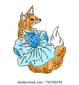 Fox with flowers vector illustration. Doodle style. Design, print, logo, decor, textile, paper