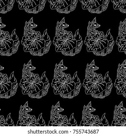 Fox with flowers vector illustration. Doodle style. Design, print, logo, decor, textile, paper