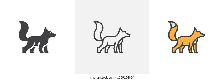 Fox with fluffy tail icon. Line, glyph and filled outline colorful version, fox wild animal outline and filled vector sign. Symbol, logo illustration. Different style icons set. Vector graphics