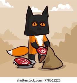 The fox folds the meat in a bag. Hand drawn cartoon vector illustration.
