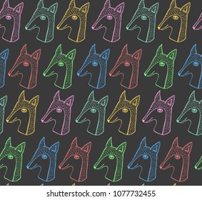 Fox forest animal cute drawing head portraithand drawn doodle seamless vector pattern