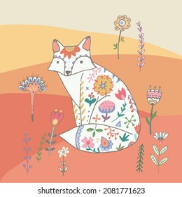 Fox forest animal with floral ornament vector illustration