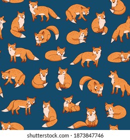 Fox forest animals hand drawn seamless vector pattern