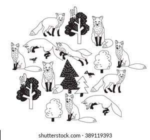 Fox forest black isolate objects white.  Black and white vector illustration. EPS8