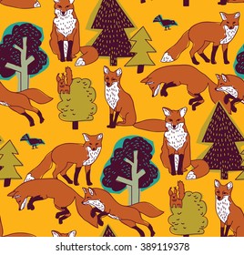 Fox in forest color seamless nature pattern. Color vector illustration. EPS8