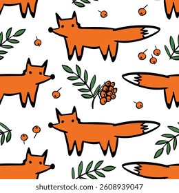 fox and forest doodle seamless pattern kid drawing. Vector illustration