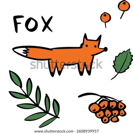 fox and forest doodle set kid drawing. Vector illustration