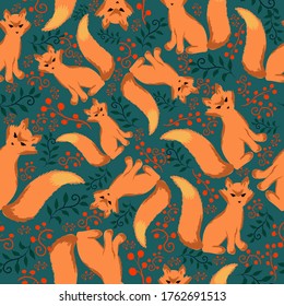 Fox in forest hand drawn seamless pattern vector illustration