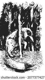 Fox en un bosque. Ilustración vectorial dibujada a mano. Arte oscuro. 