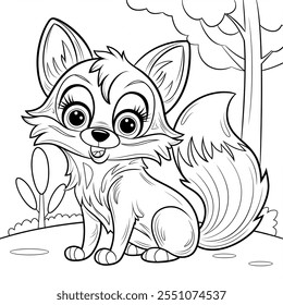 A fox in the forest line drawing colouring page