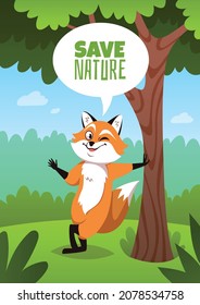 Fox in forest poster. Save nature slogan with funny wild orange animal character. Cartoon vixen standing by tree. Eco care banner. Environment and ecosystem protection. Vector concept