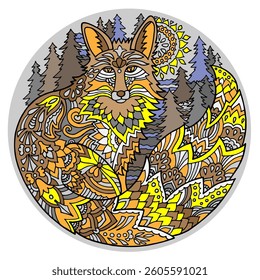 Fox in the forest Scandinavian style color vector illuctration coloring book logo print 