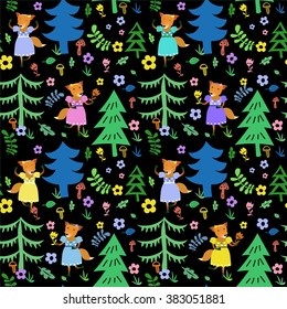 fox and forest seamless pattern, coniferous forest with animal