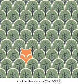 Fox in a forest seamless pattern. Vector design background.