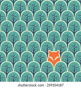 Fox in a forest seamless pattern. Vector design background.