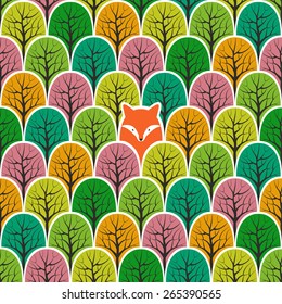 Fox in a forest seamless pattern. Vector design background.