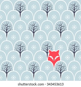 Fox in a forest seamless pattern. Vector design background.