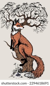 Fox in the forest sitting on a tree. Vector wildlife illustration on a light background. Illustration for tattoo. 