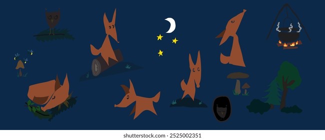 Fox in the forest sleeping, looking at stars and moon. Fox in nature. Vector children's illustration