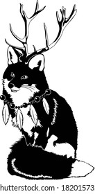 Fox Forest Spirit with Feather Necklace and Antlers Vector