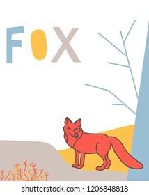 Fox in forest. Vector illustration with hand drawn hand drawn style fox and lettering