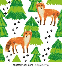 Fox in forest vector pattern. Red fox in forest with green trees and black traces, oil pastel hand drawing vector pattern.