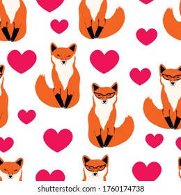 Fox, foxy with heart vector seamless pattern on white background. Concept for print, textile
