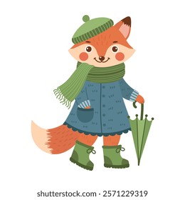 Fox, foxy, vixen in coat, scarf, hat, wellies with an umbrella. Cute spring forest wood woodland character. Vector illustration isolated on transparent background. 