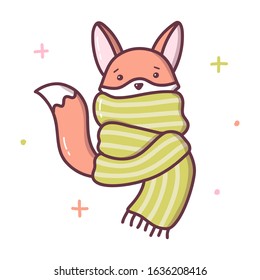 The Fox froze and wrapped himself in a big scarf. Kawaii cartoon character isolated on a white background. Vector illustration.