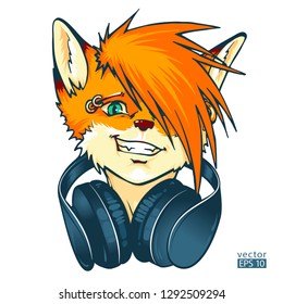 Fox furry DJ with headphones. Can be used for creating logo, posters, flyers, emblem, prints, web. Hand drawn vector illustration