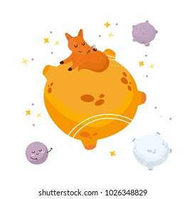 Fox in galaxy. Nursery poster or print for baby room, shower card. Illustration with space elements. Little Prince tale.