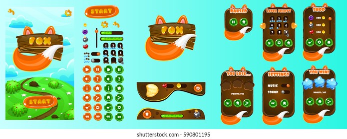 Fox Game Ui. Wooden Popups and game elements.Complete set of graphical user interface, GUI, to build 2D video games.