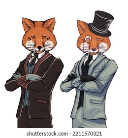 Fox gentlemen in different costumes, hand drawn vector illustrations