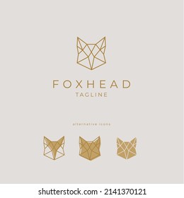 Vector de logotipo geométrico Fox. Elegante diseño de zorro de cabeza lineal en oro con iconos alternativos fotografía logotipo de belleza