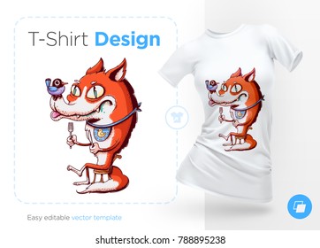 Fox getting ready for meal with bird on nose. Prints on T-shirts, sweatshirts, cases for mobile phones, souvenirs. Isolated vector illustration on white background.