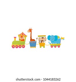 Fox, giraffe, monkey and elephant traveling by train. Cartoon animal characters. Zoo theme. Colorful flat vector design for children s book or greeting card