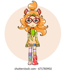 Fox girl cartoon character, redhead foxy little kid vector illustration