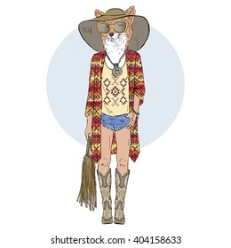 fox girl dressed up in bohemian chic style, furry art illustration, fashion animals