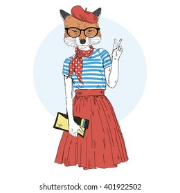 fox girl dressed up in french style, furry art illustration, fashion animals