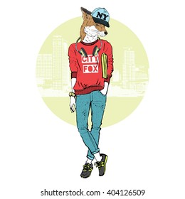 fox girl dressed up in sporty urban style, furry art illustration, fashion animals